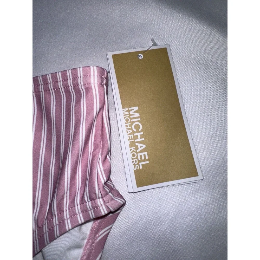 Michael Kors Women’s Pink & White Striped High-Waist Bikini Bottom Size Large